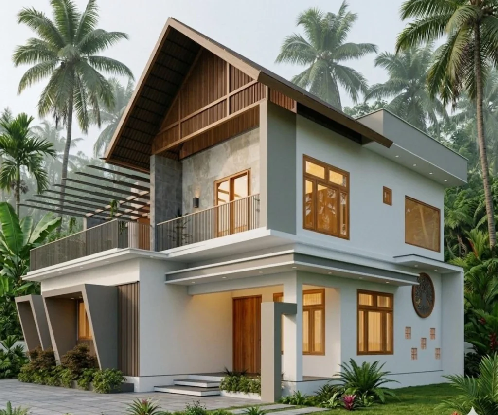 Two-storey residence with pitched roof and balcony