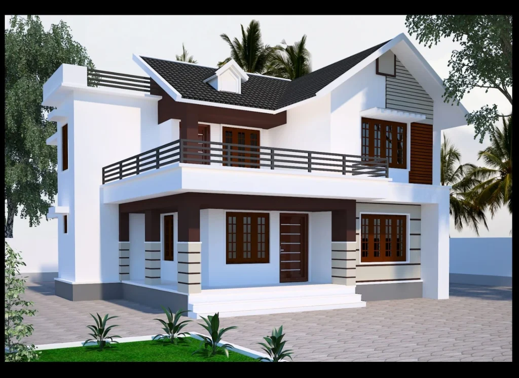 White two-storey residence with dark roof and balcony