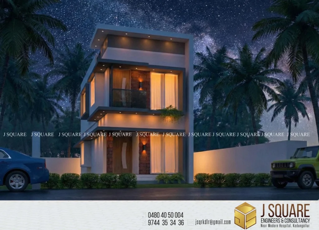Compact residence with illuminated facade at night