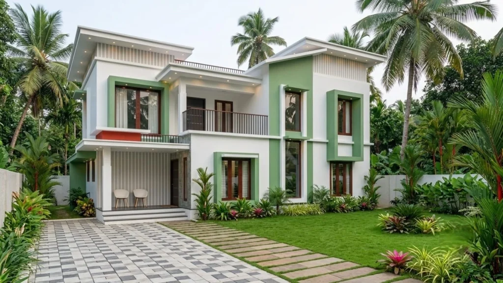Green and white residence with landscaped frontage