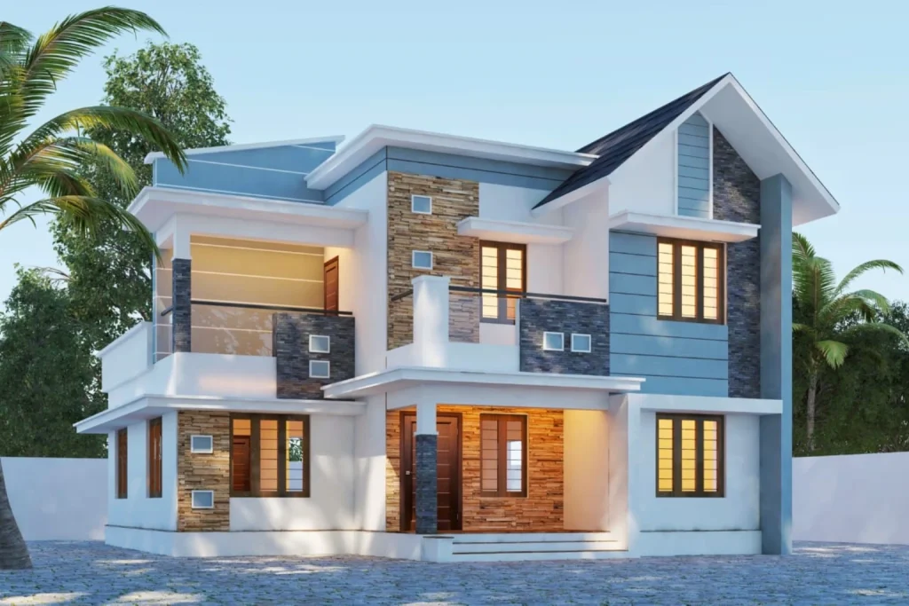 Blue and white two-storey residence